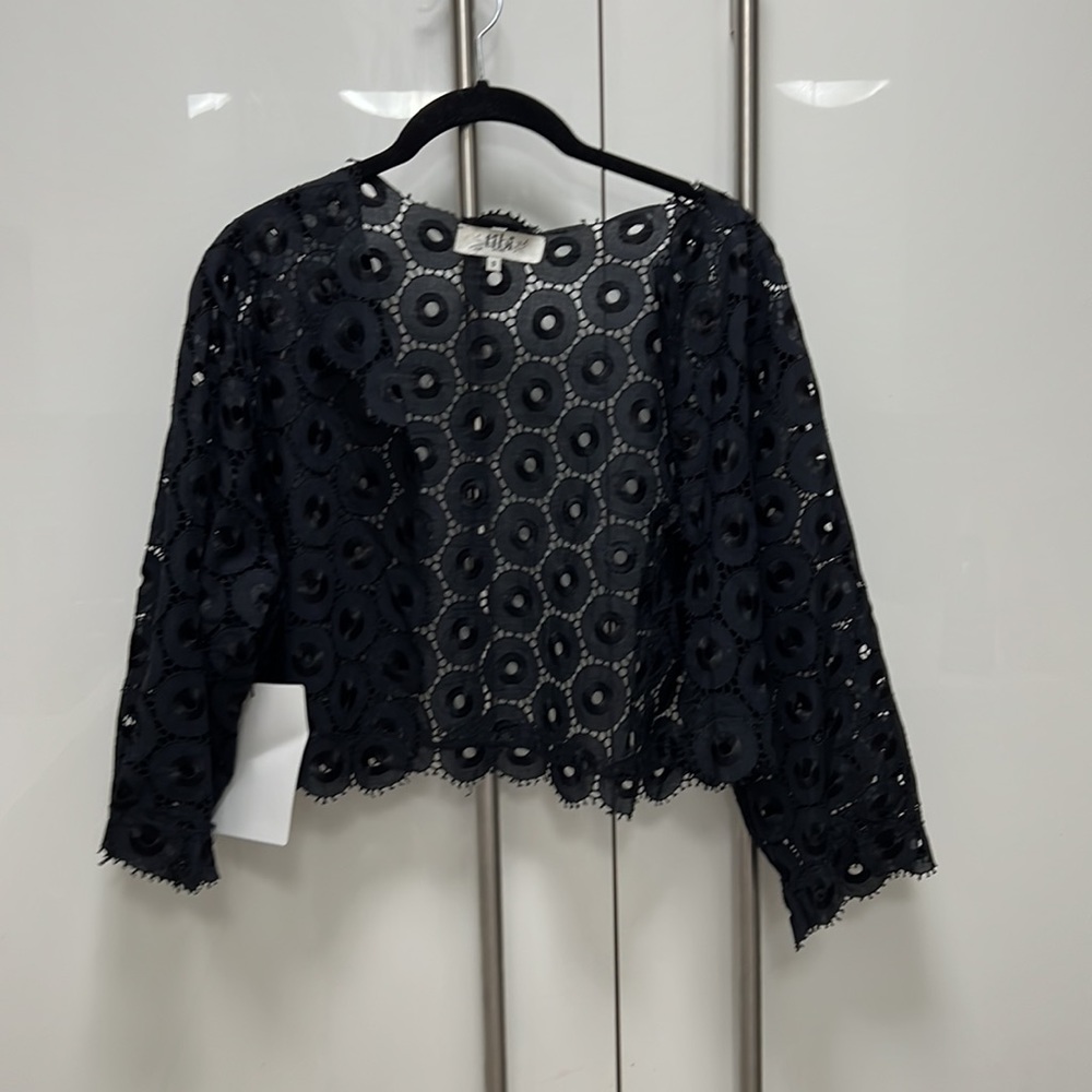 NWOT Tibi Lace Lasercut Pattern Open Front Cropped Jacket in Black Size Small - Picture 8 of 8